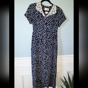 Vintage 90's Danny & Nicole Navy & White Print Button-Down Dress W/ Lace Collar